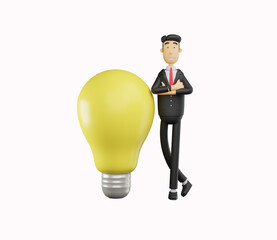 3d bussiness man character standing next to the light bulb isolated on white background .3d render illustration
