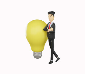 3d bussiness man character standing next to the light bulb isolated on white background .3d render illustration