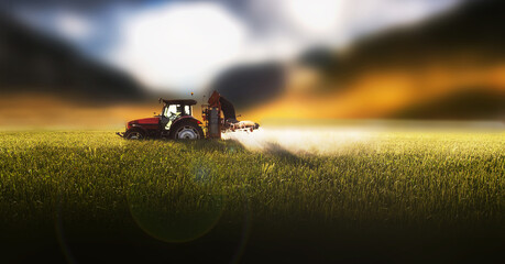 Tractor spraying pesticides wheat field.
