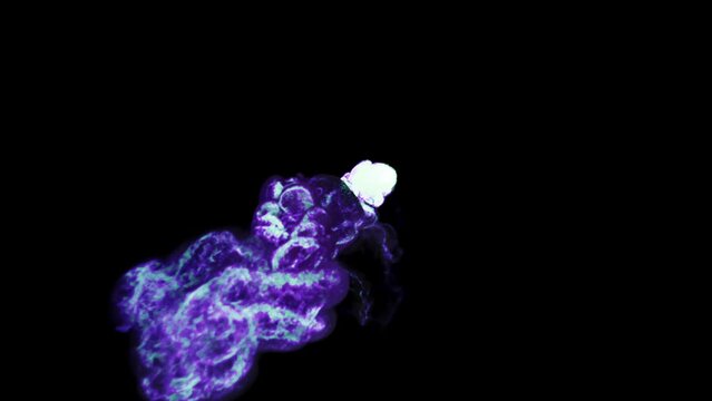Clubs of shiny purple particles fly out from the depths of the black screen. Neon Smoke.