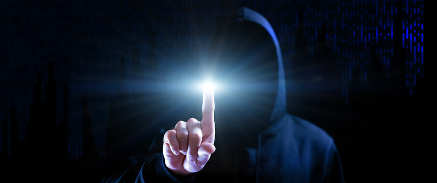 Cyber security hacker concept. Internet web hack technology. Blurred Hacker man hand isolated on black with flare ray flash effect. Data protection, secured internet access, cybersecurity.