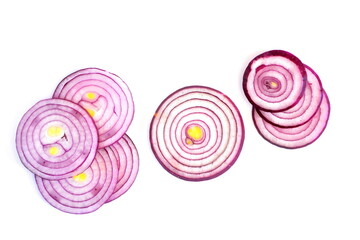 several figures of thinly sliced onions isolated on a white background