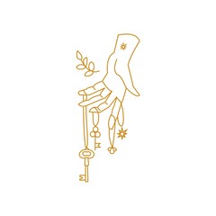 Hand holding magical amulets and key Outline illustration