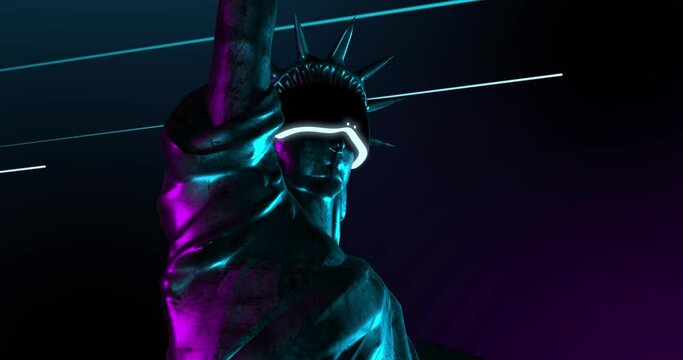 Statue of Liberty in vr glasses, metaverse reflection. Freedom in new technologies