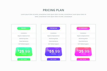 Price table concept in realistic vector design. Web ui element subscription price or plan. Website marketing or promotion interface template. Product comparison table. template presentation. web desig