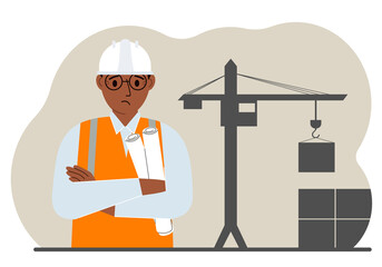 Sad engineer near the construction crane. Builder holding blueprints near construction machinery.
