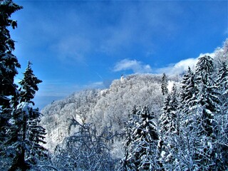 Slope bellow the church at Jakob in winter in Gorenjska, Slovenia and the church at the top