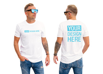 Man wearing white t-shirt, mockup for custom design
