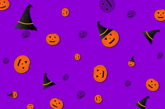purple background image  Halloween style consisting of pumpkins, witch hats and ghost skulls