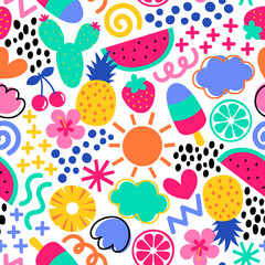 Cute colorful hand drawn tropical fruit seamless pattern for summer holidays background.