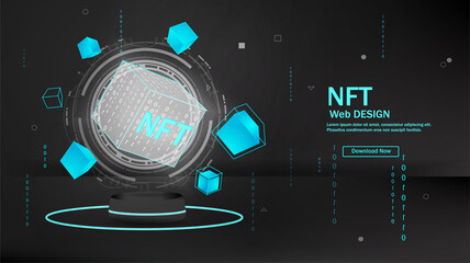 Concept of NFT ,non-fungible token with network vector on dark background. Vector illustration concept nft banner for website. Non-renewable token. Vector illustration. - obrazy, fototapety, plakaty