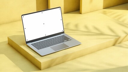Mockup Shot of a Laptop Computer with Blank White Screen in Bright, Cozy, Sunlit Environment with Yelllow Color Plaster Walls.