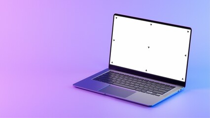 Mockup Shot of a Laptop Computer with Blank White Screen in Blue and Purple Environment Lit by Neon...