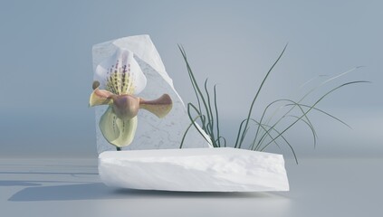 Fototapeta na wymiar A minimalistic scene of a lying stone with flowers on a light blue background. Catwalk for the presentation of products and cosmetics. Showcase with a stage for natural products. 3d rendering.