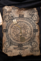 Ancient esoteric witchcraft background. Occultims and paganism old symbol, with mysterious runes alphabet