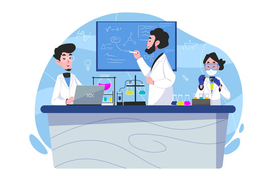 Science concept vector Illustration idea for landing page template, scientist in laboratory experiment research, biology, chemistry, knowledge scientific innovation. Hand drawn Flat Style
