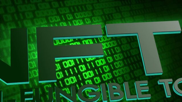 Colorful green typography NFTs crypto art currency concept. Non-Fungible Tokens with neon glowing light flashing on dark green hexadecimal motion moving big data digital code running in background.