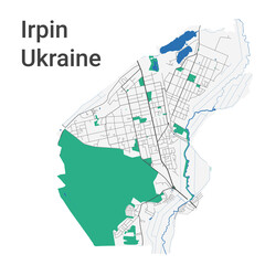 Irpin vector map. Detailed map of Irpin city administrative area. Cityscape panorama illustration. Road map with highways, streets, rivers.
