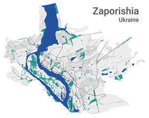 Zaporizhia vector map. Detailed map of Zaporizhia city administrative area. Cityscape panorama illustration. Road map with highways, streets, rivers.