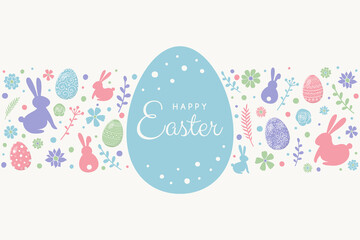 Happy Easter. Greeting card with decorative eggs, bunnies and flowers on white background. Vector