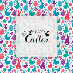 Colourful eggs, bunnies and flowers on background with Happy Easter wishes. Vector