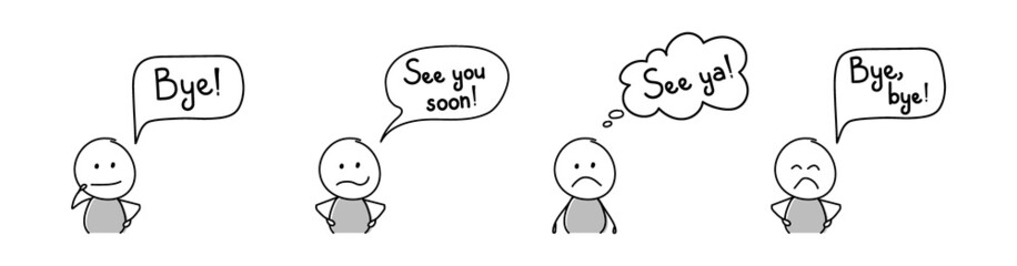 Unhappy hand drawn character with text - bye, see ya, see you soon. Vector