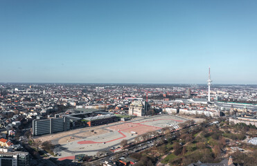 Aerial spring view over St. Pauli district and stadium in Hamburg, Germany