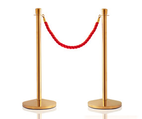 Golden barrier with red rope isolated on white background. Red rope barrier with golden stanchions. Velvet fence for entrance to cinema, club, theater and vip hall. 
