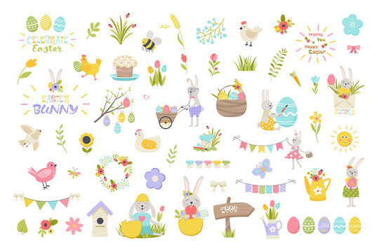 Easter spring set with cute animals, eggs, bunnies, chickens, birds and insects, blooming flowers. Collection of cute easter cartoon characters and spring decorative elements. Vector illustration