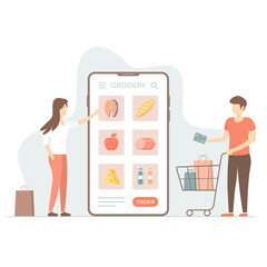Online grocery shopping concept. Cartoon vector illustration