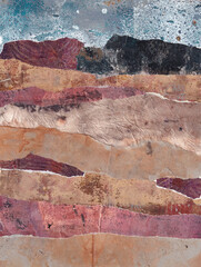 Abstract landscape with layers, mountains and sky, mixed media collage with monoprinted and ecodyed papers