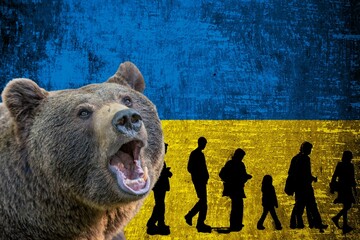 Roaring bear on Ukrainian flag and people leaving city, walking