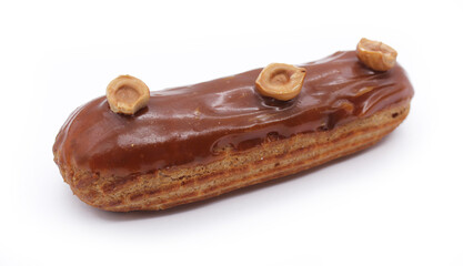 Eclair with decorative sugar glaze, French dessert