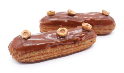 Eclair with decorative sugar glaze, French dessert
