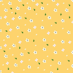 Pattern with white flowers on a yellow background. Vector illustration for cards, invitations, prints, wallpapers. Simple flowers and leaves. 