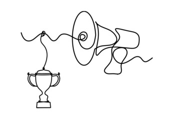 Abstract megaphone with trophy as continuous lines drawing on white background. Vector