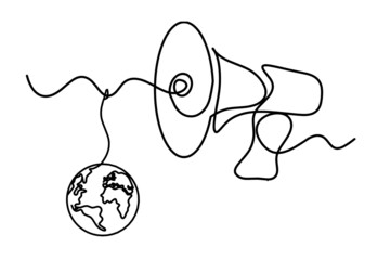 Abstract megaphone with globe as continuous lines drawing on white background