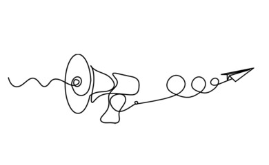 Abstract megaphone with paper plane as continuous lines drawing on white background