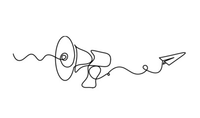Abstract megaphone with paper plane as continuous lines drawing on white background