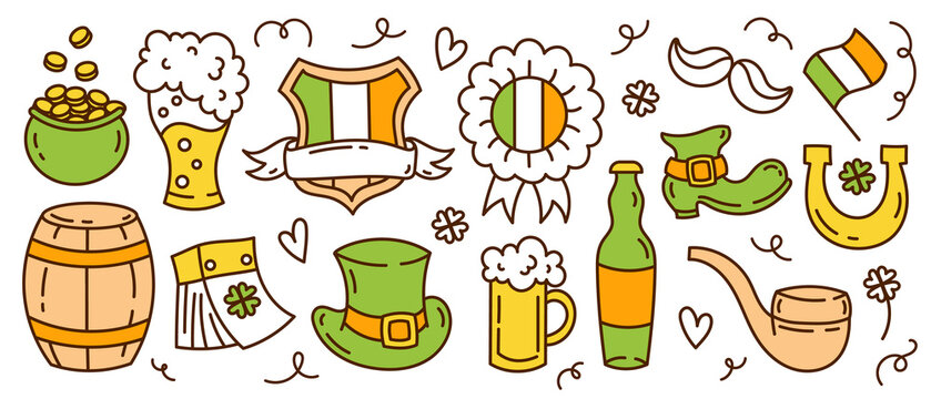 A set of doodle elements of St. Patrick's Day. Clover, beer, gold.Isolated on a white background.