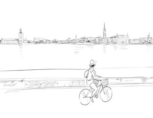 Woman rides a bicycle. Stockholm. Sweden. European Union. Urban sketch. Hand drawn vector illustration