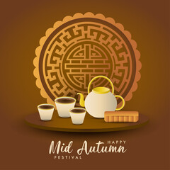 Happy mid autumn chinese festival poster design with cup and tea food vector banner Vector