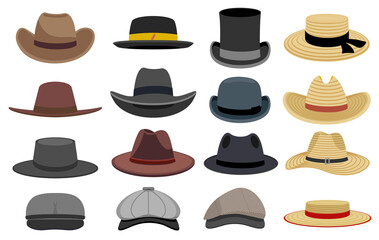 Different male hats. Fashion and vintage man hat collection image, derby and bowler, cowboy and peaked cap, straw hats and gentlemen cap set isolated. Flat design style. Vector cartoon illustration - obrazy, fototapety, plakaty
