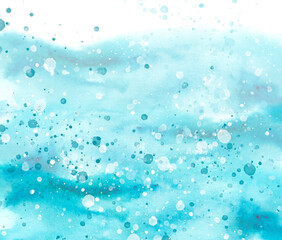 Watercolor line of blue paint, splash, smear, blot, abstraction. Abstract watercolor art frame. Strokes of paint, lines, splash. Horizontal line,background. Blue sea, Hill, fog mountain. snowdrift