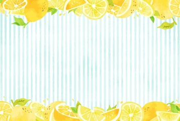 爽やかな水色のストライプとレモンの背景イラスト