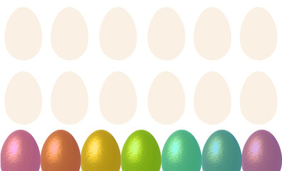 Realistic 3d Easter eggs or chocolate eggs in rainbow colors, with egg shaped pattern background, vector.
