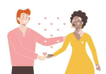 A flat vector unusual couple: a red-haired man and a woman with vitiligo. Love. Concept. Isolated.