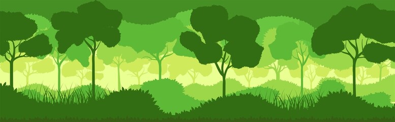 Vector green forest landscape with trees. Eco nature forest background templates. Forest plantation with ecology. Green forest silhouette abstract background. Nature and environmental protection flat 