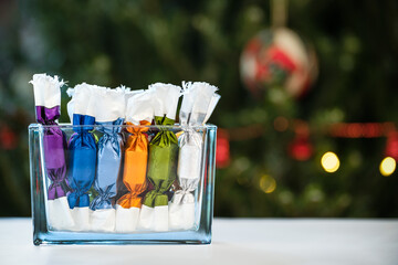 Christmas tree candy decorations in glass.