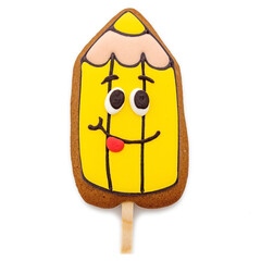 Pencil with face, symbol of knowledge, gingerbread on a stick with icing, September 1